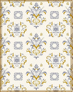 Cream Blue Gold Damask Accents Rug