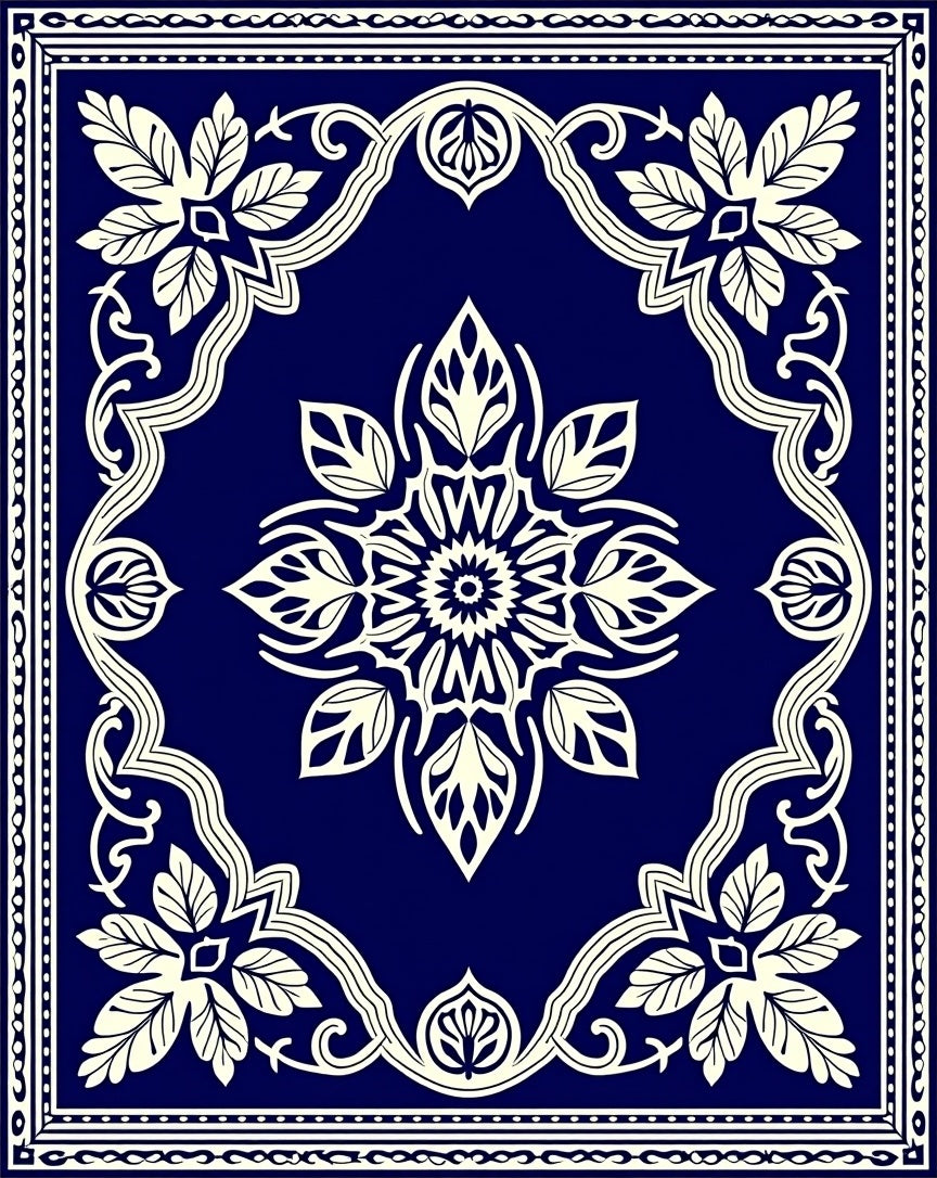 Deep Blue Ivory Floral Medallion Border Rug