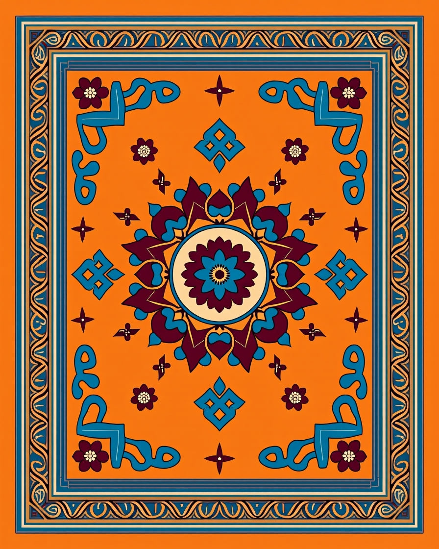 Vibrant Orange Floral Medallion Border Rug
