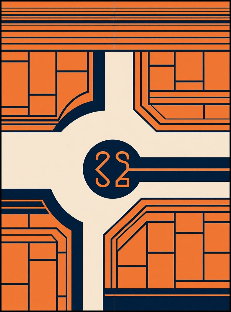 Orange Navy Geometric Grid Abstract Rug