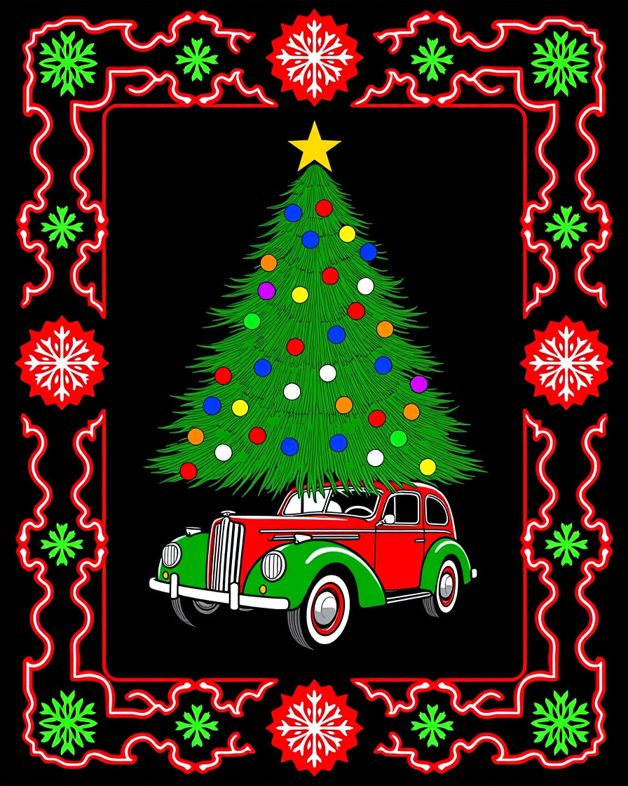 Vintage Christmas Tree Car Scene Rug