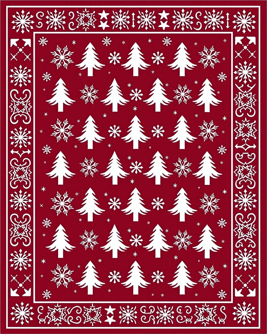 Red Evergreen Snow Flurry Border Rug