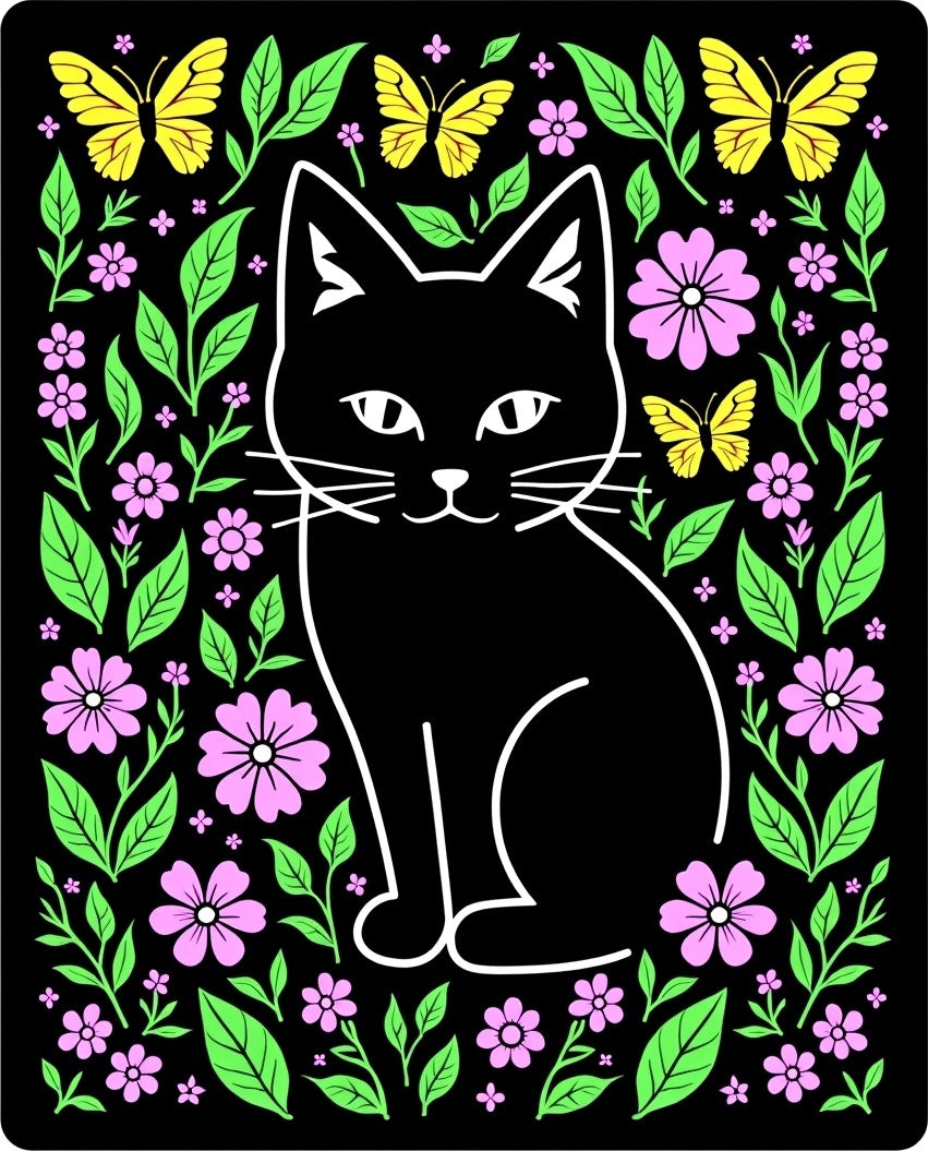 Whimsical Black Cat Floral Garden Rug