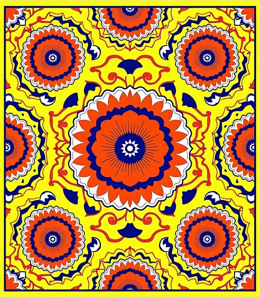 Vibrant Orange Blue Floral Mandala Rug