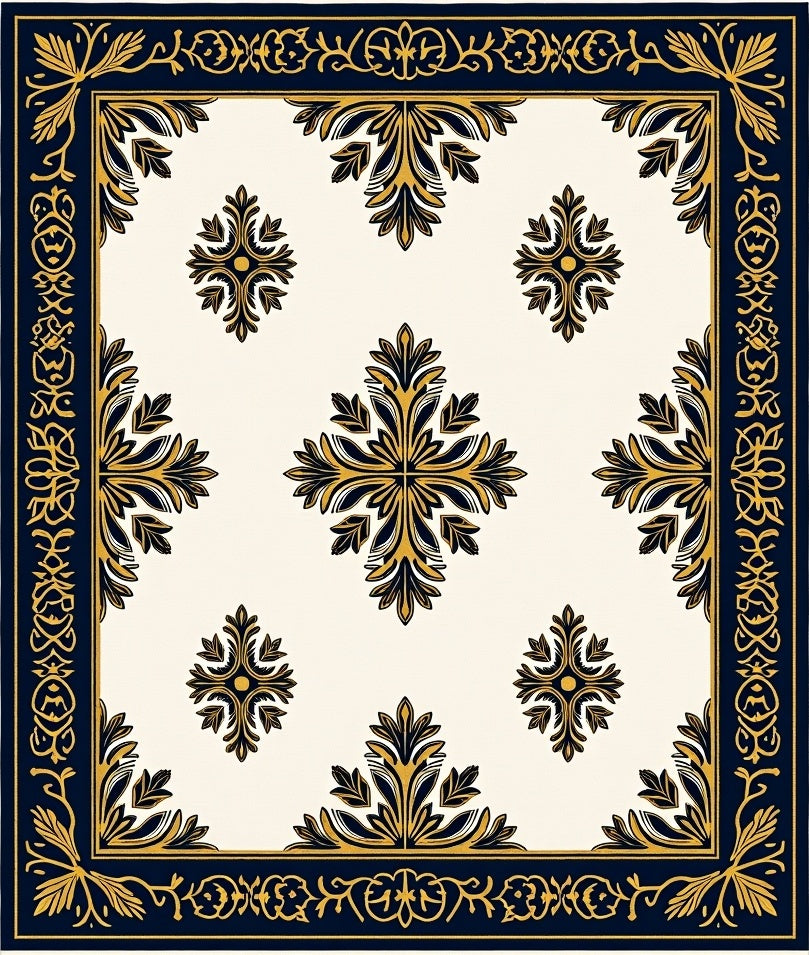 Navy Gold Quatrefoil Floral Border Rug