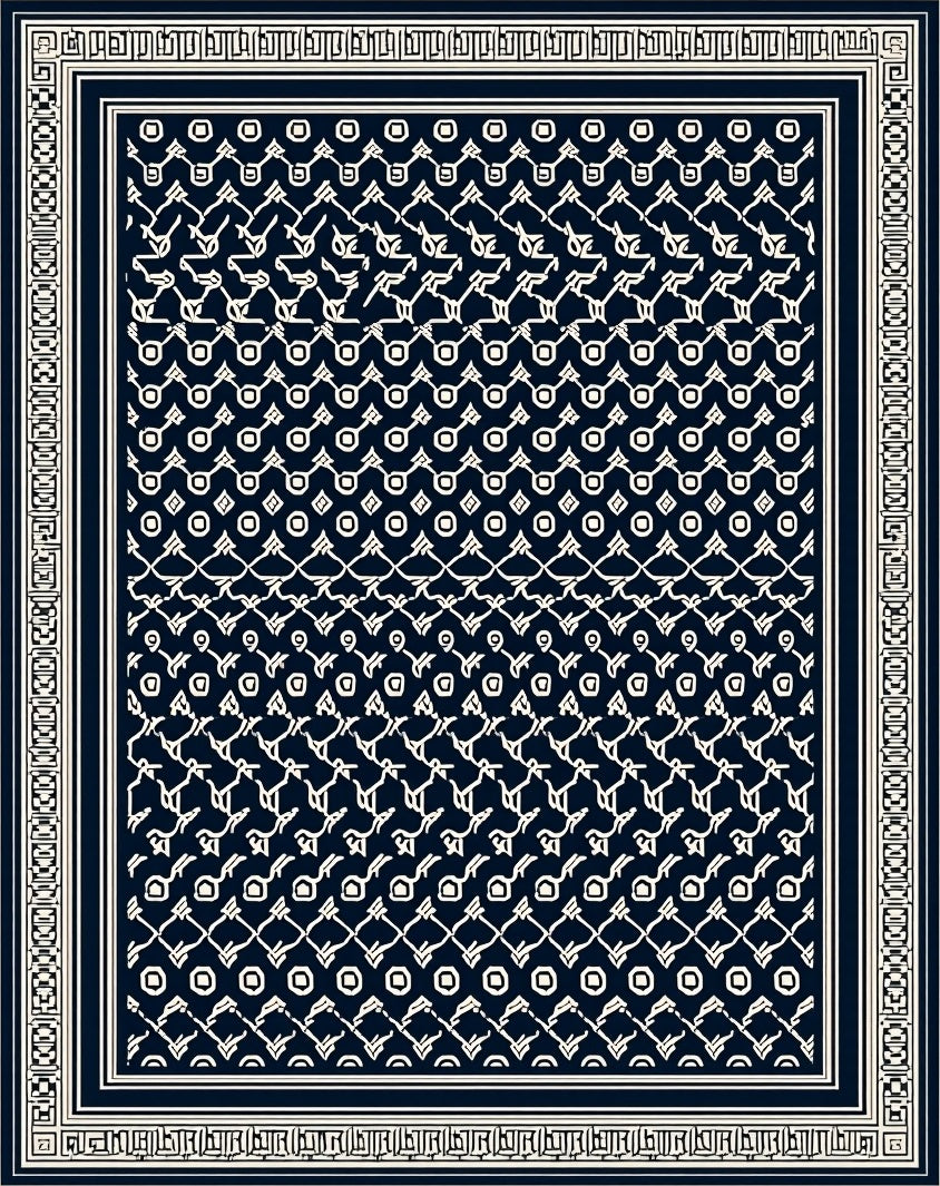 Navy Cream Traditional Geometric Border Rug