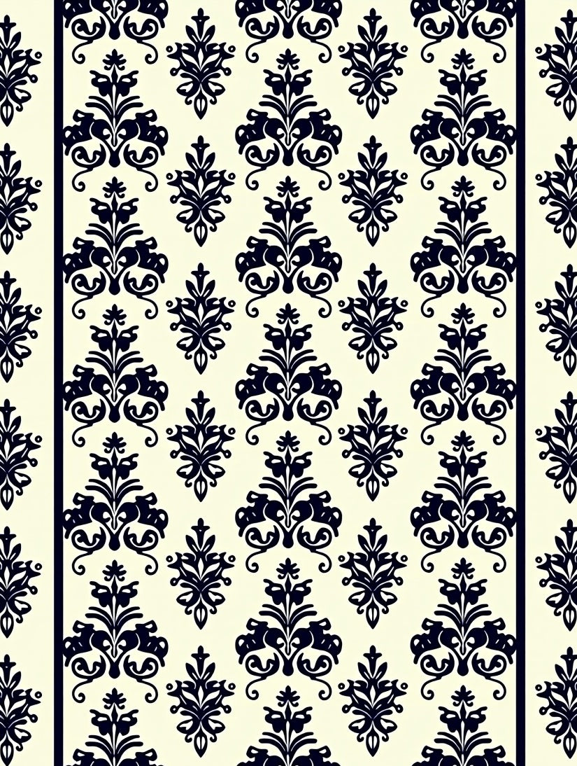 Black Damask Scrollwork Ivory Background Rug