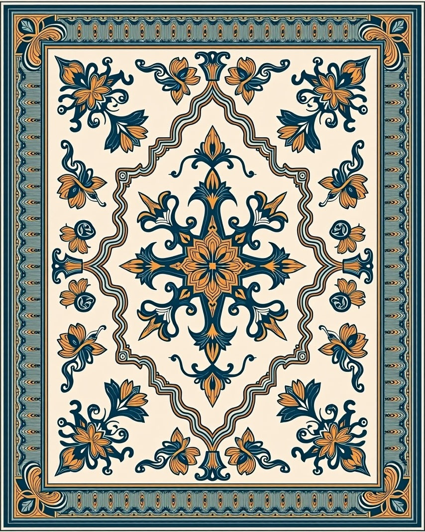 Ornate Amber Teal Floral Medallion Rug