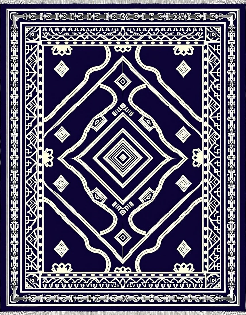 Deep Navy Ivory Geometric Diamond Medallion Rug