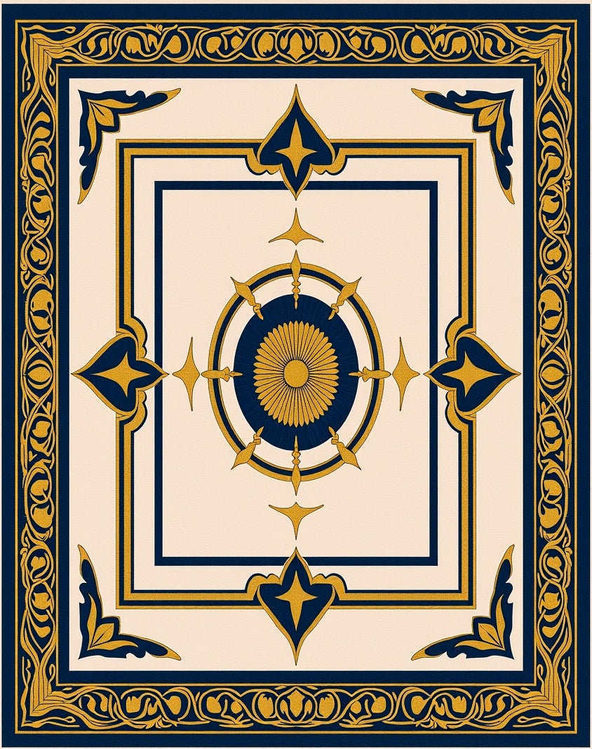 Navy gold sunburst medallion inlay Rug