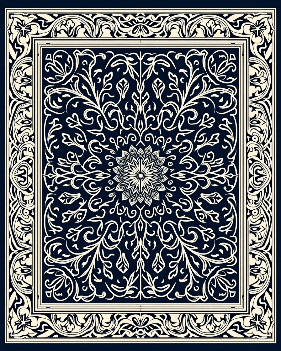 Navy Ivory Intricate Floral Medallion Rug