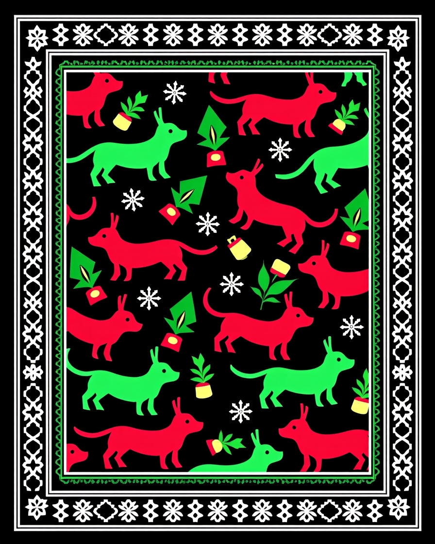 Festive Red Green Dog Border Rug