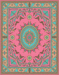 Pink Teal Floral Oval Medallion Rug