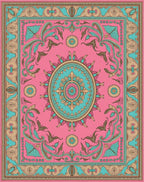 Pink Teal Floral Oval Medallion Rug