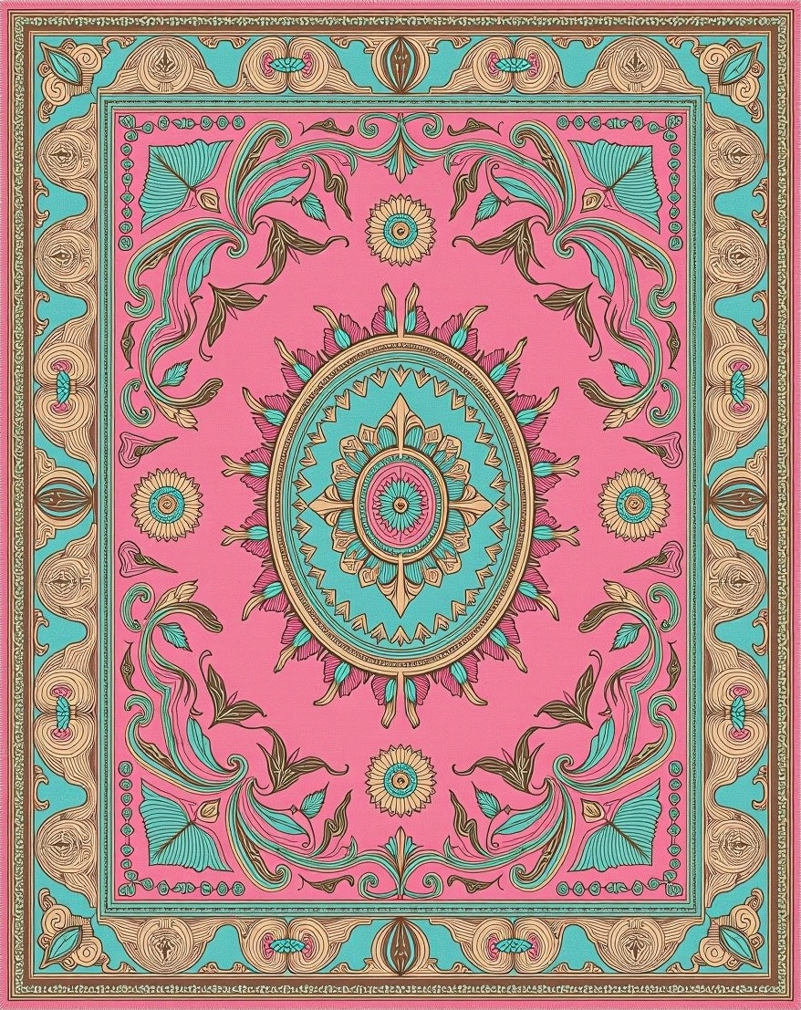 Pink Teal Floral Oval Medallion Rug