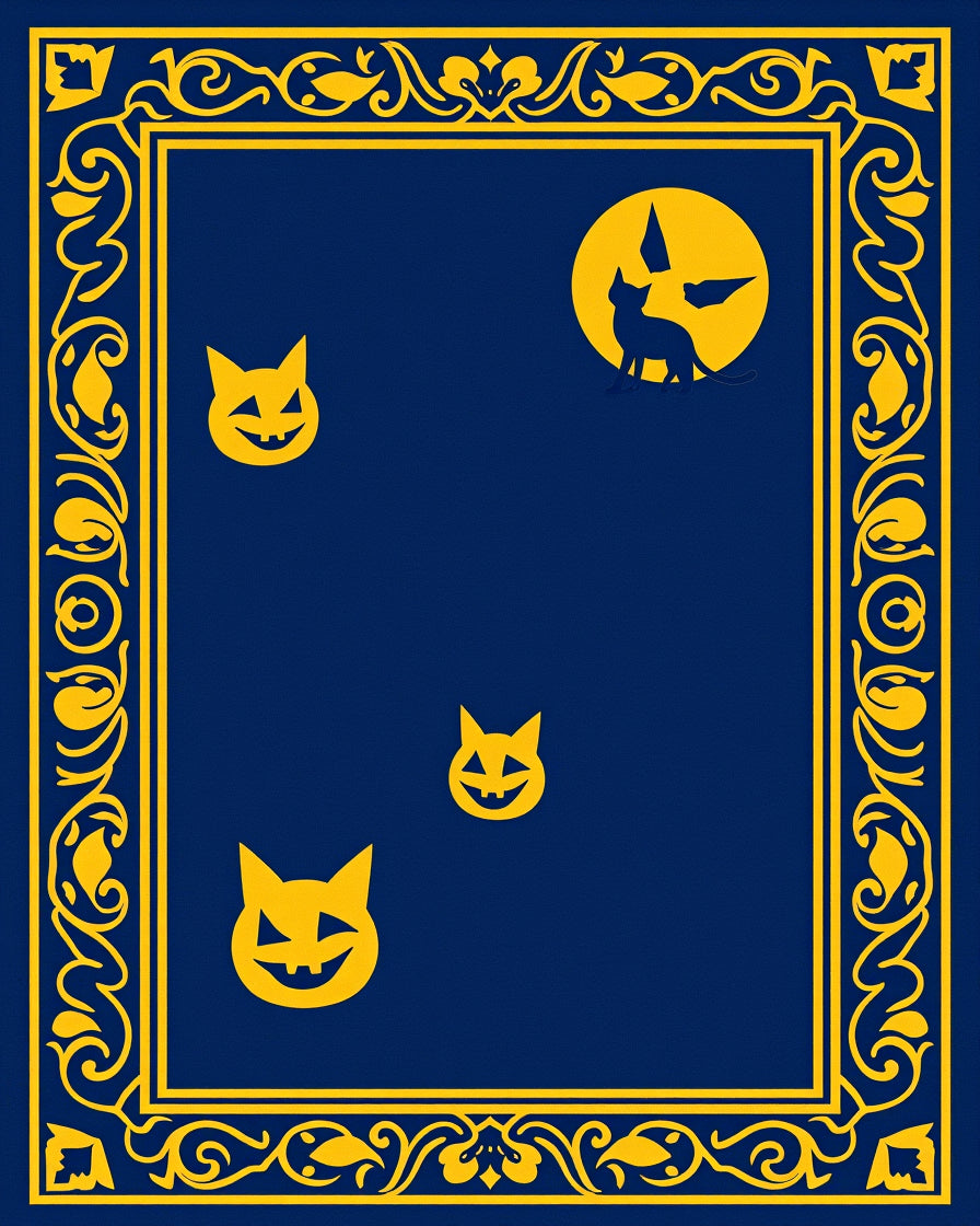 Midnight Blue Yellow Halloween Cat Frame Rug