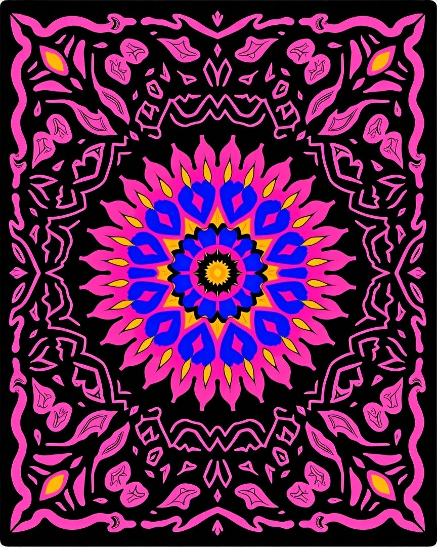 Vibrant Pink Blue Yellow Floral Mandala Rug