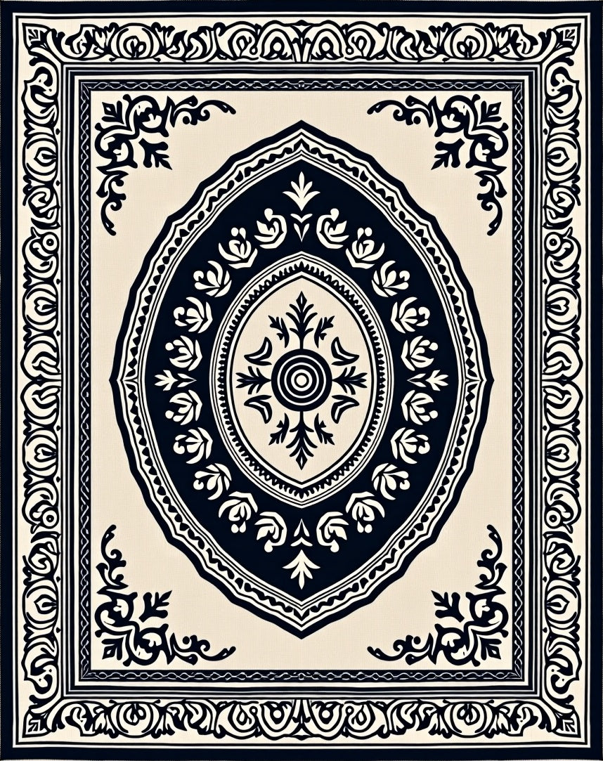 Cream Dark Blue Oval Medallion Frame Rug