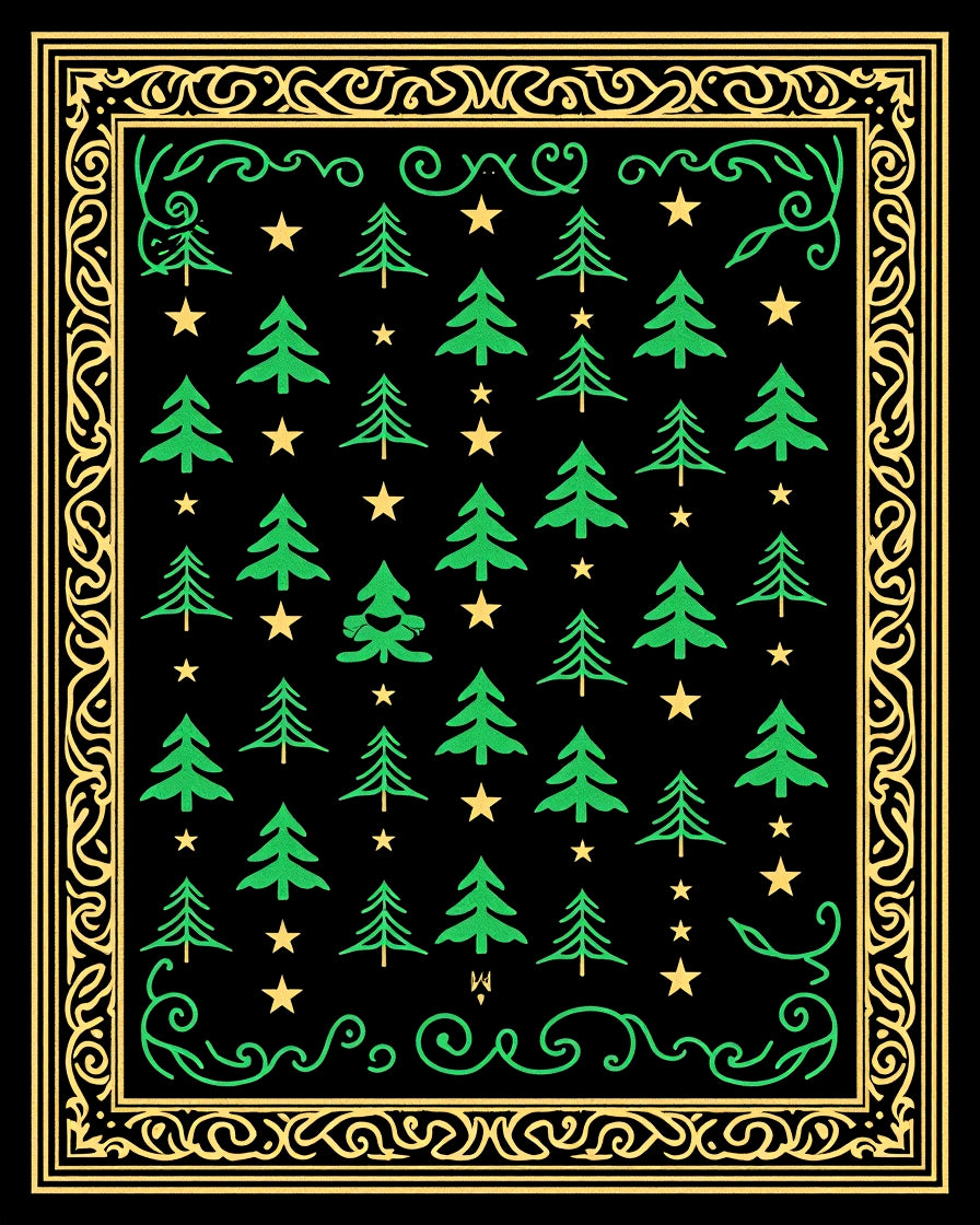 Green Pine Trees Yellow Stars Border Rug