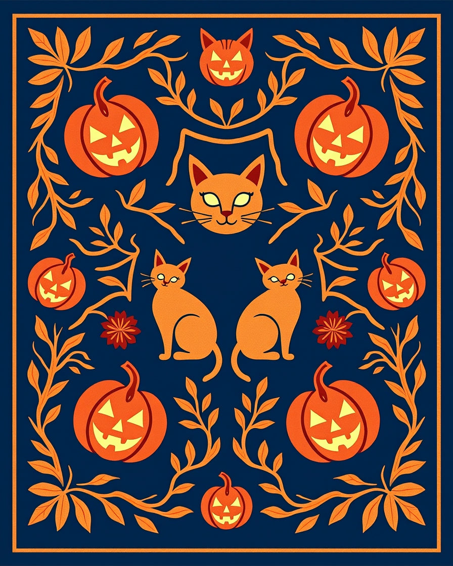 Orange Pumpkin Cats Vintage Folklore Rug