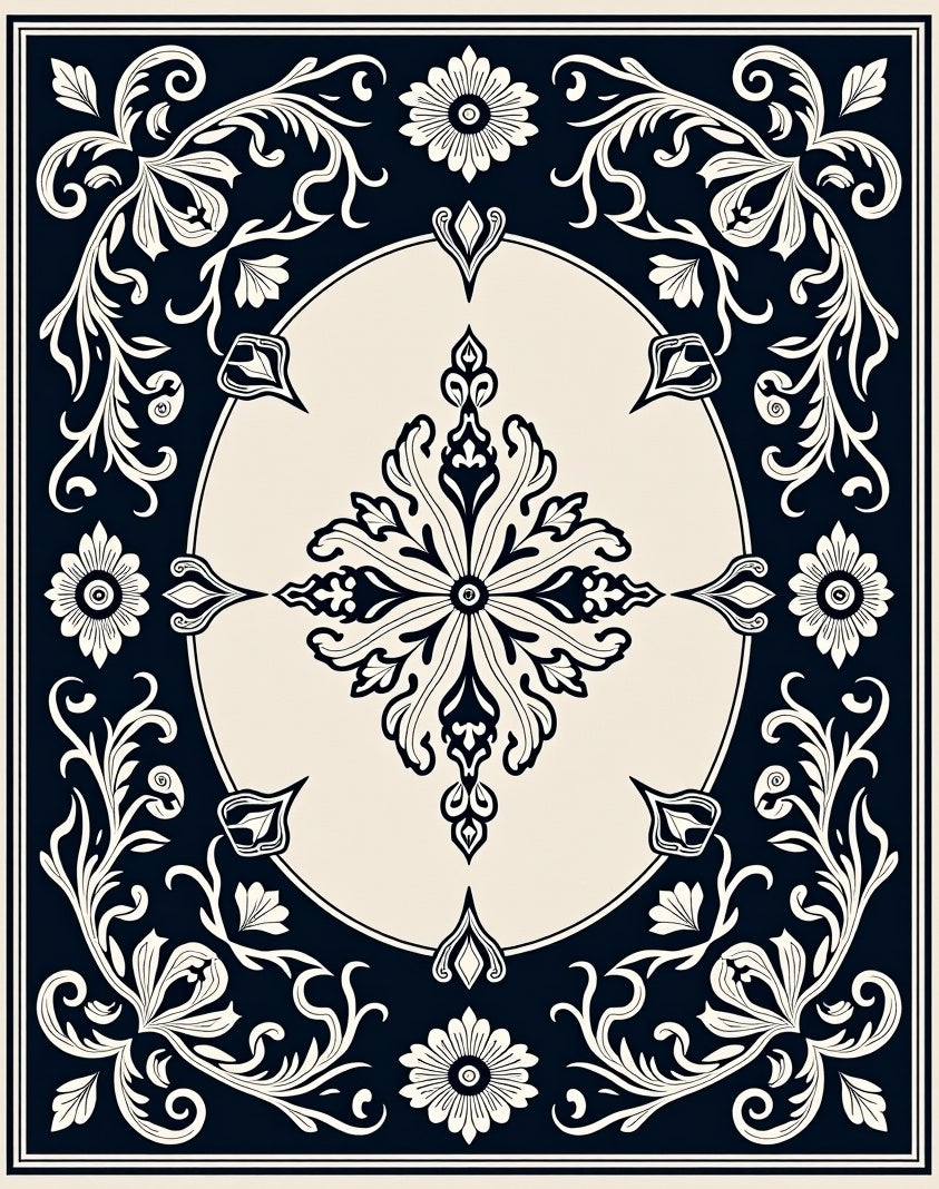 Dark Navy Cream Floral Medallion Border Rug