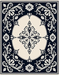 Dark Navy Cream Floral Medallion Border Rug