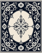 Dark Navy Cream Floral Medallion Border Rug