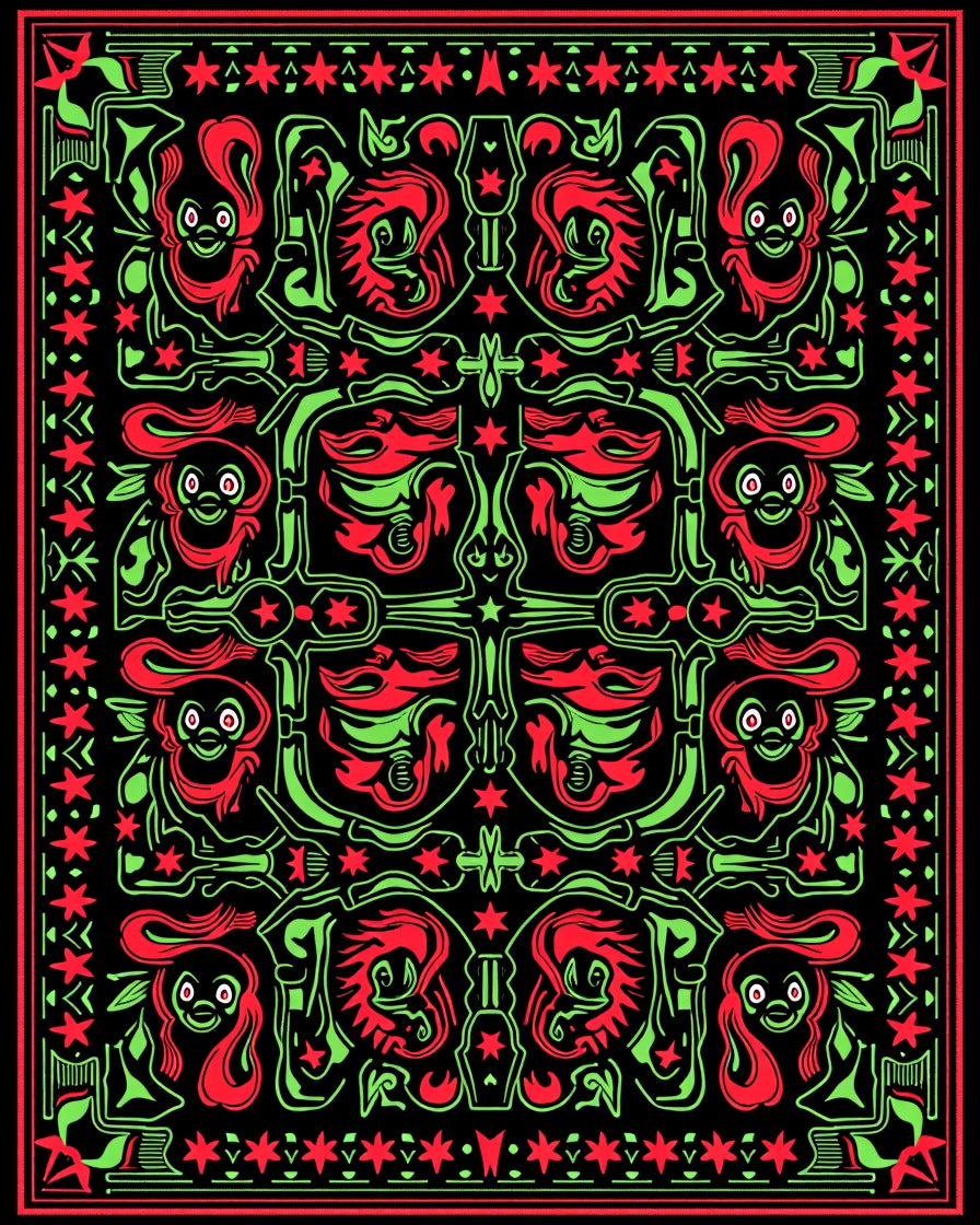 Whimsical Red Green Creature Symmetry Rug