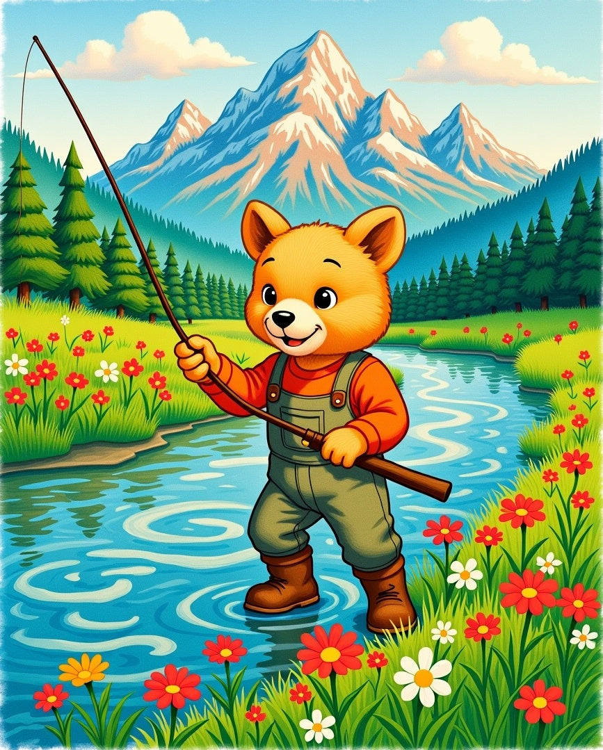Woodland Creek Fishing Bear Whimsical Rug