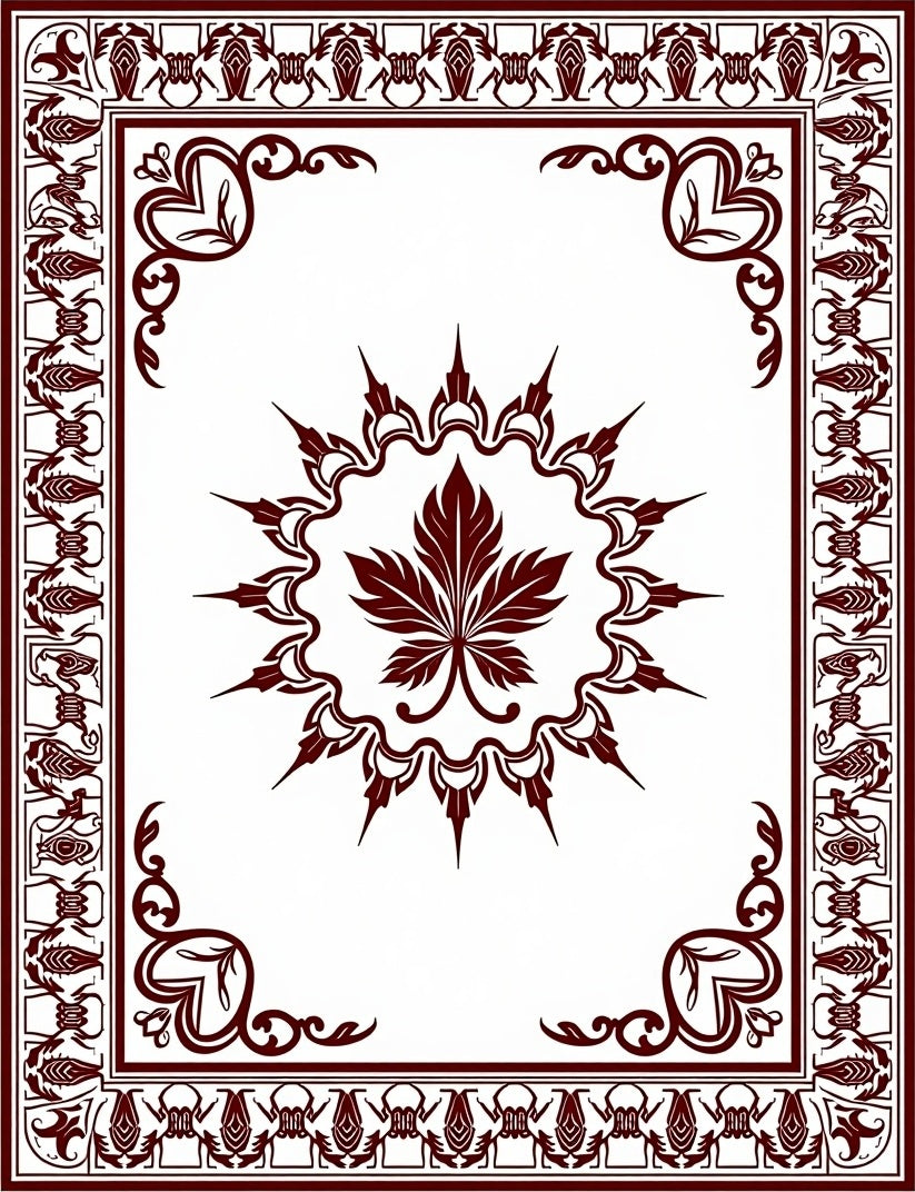 Dark Red Leaf Medallion Border Rug