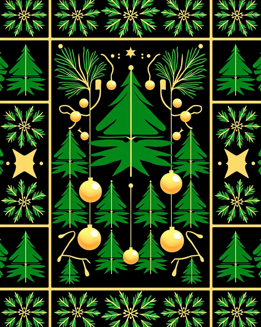 Green Gold Christmas Tree Ornament Squares Rug