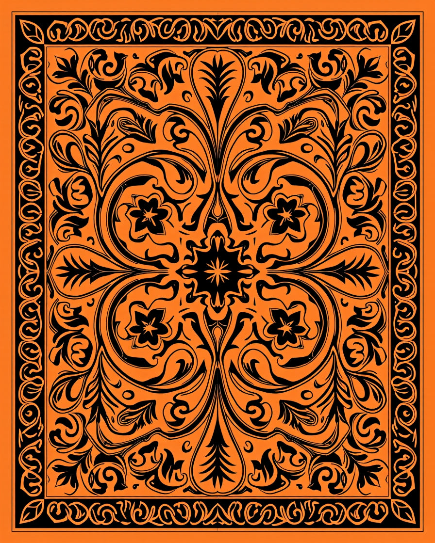 Bold Orange Black Floral Scroll Rug
