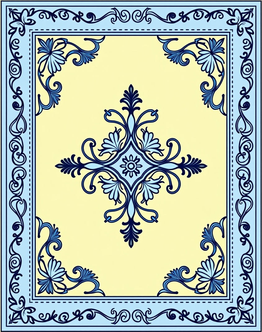 Light Yellow Blue Floral Border Rug