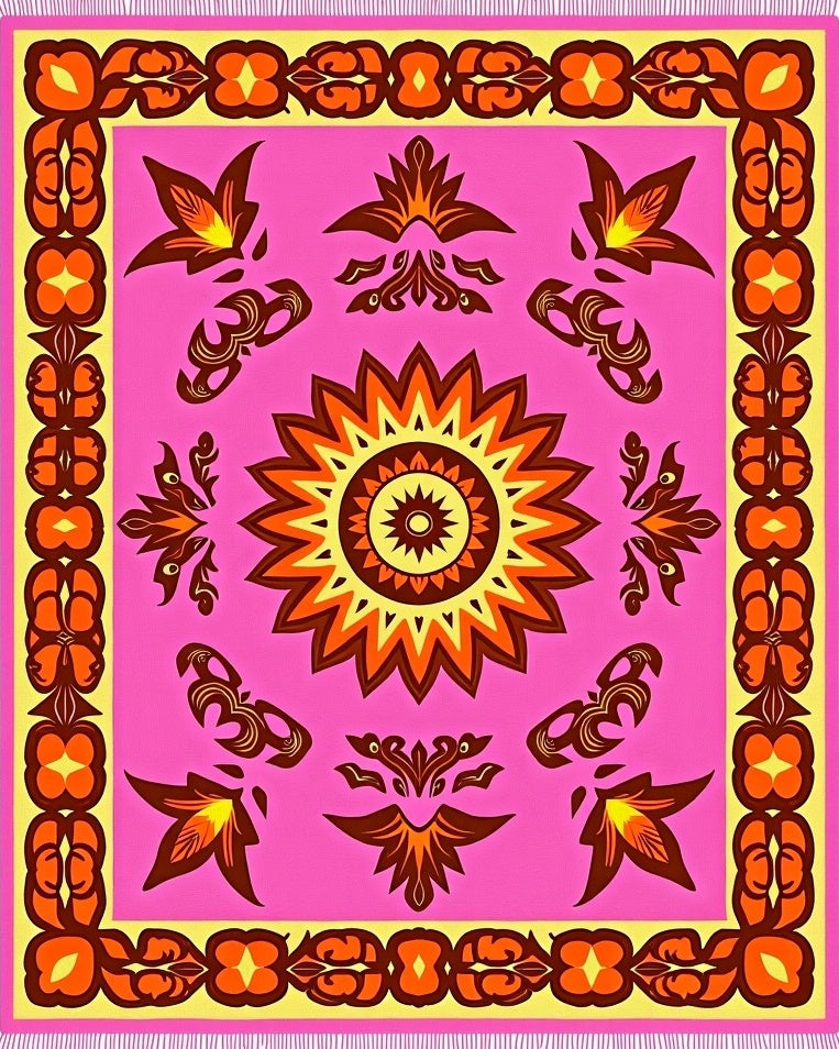 Pink Orange Sunburst Floral Medallion Rug