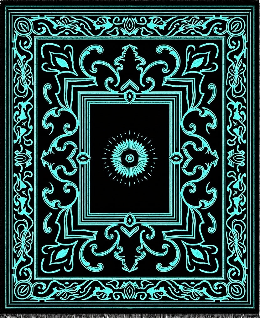Black Cyan Floral Medallion Border Rug