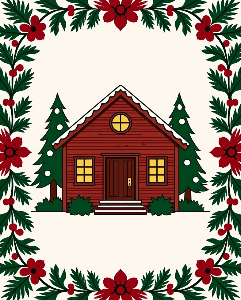 Cozy Red Cabin Christmas Border Rug