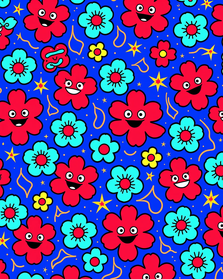 Happy Red Turquoise Flower Stars Rug