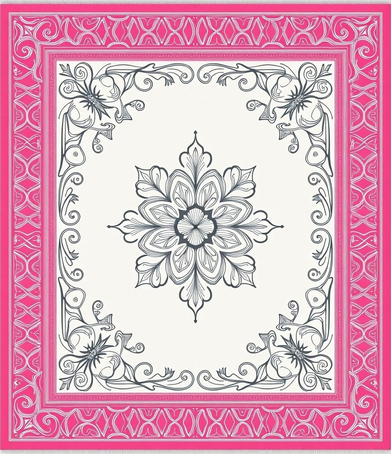 Bright Pink Floral Frame Medallion Rug
