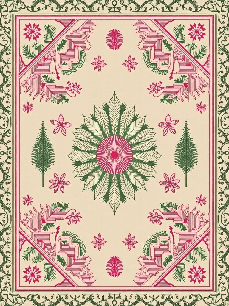 Fuchsia Green Floral Abstract Centered Rug