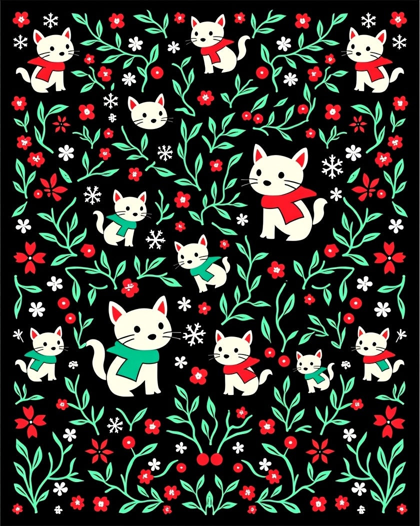 Whimsical White Cats Red Green Flora Rug