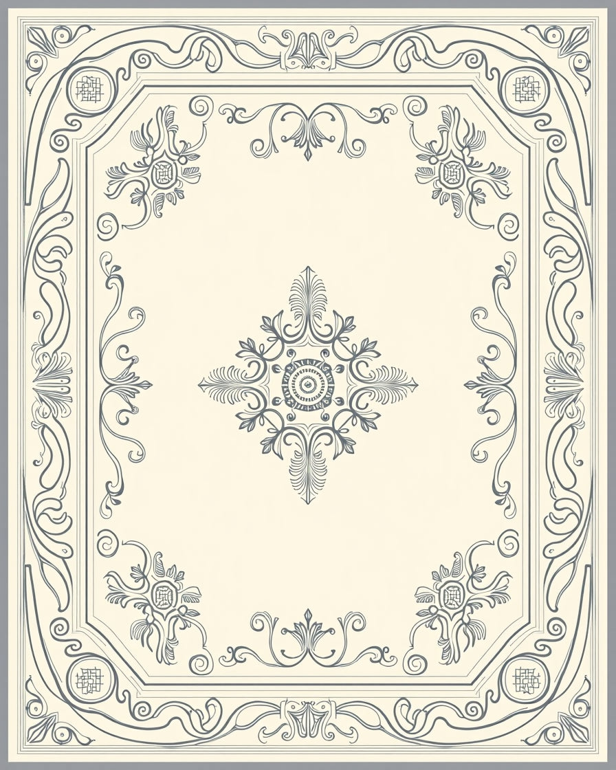Ornate Cream Gray Floral Border Rug