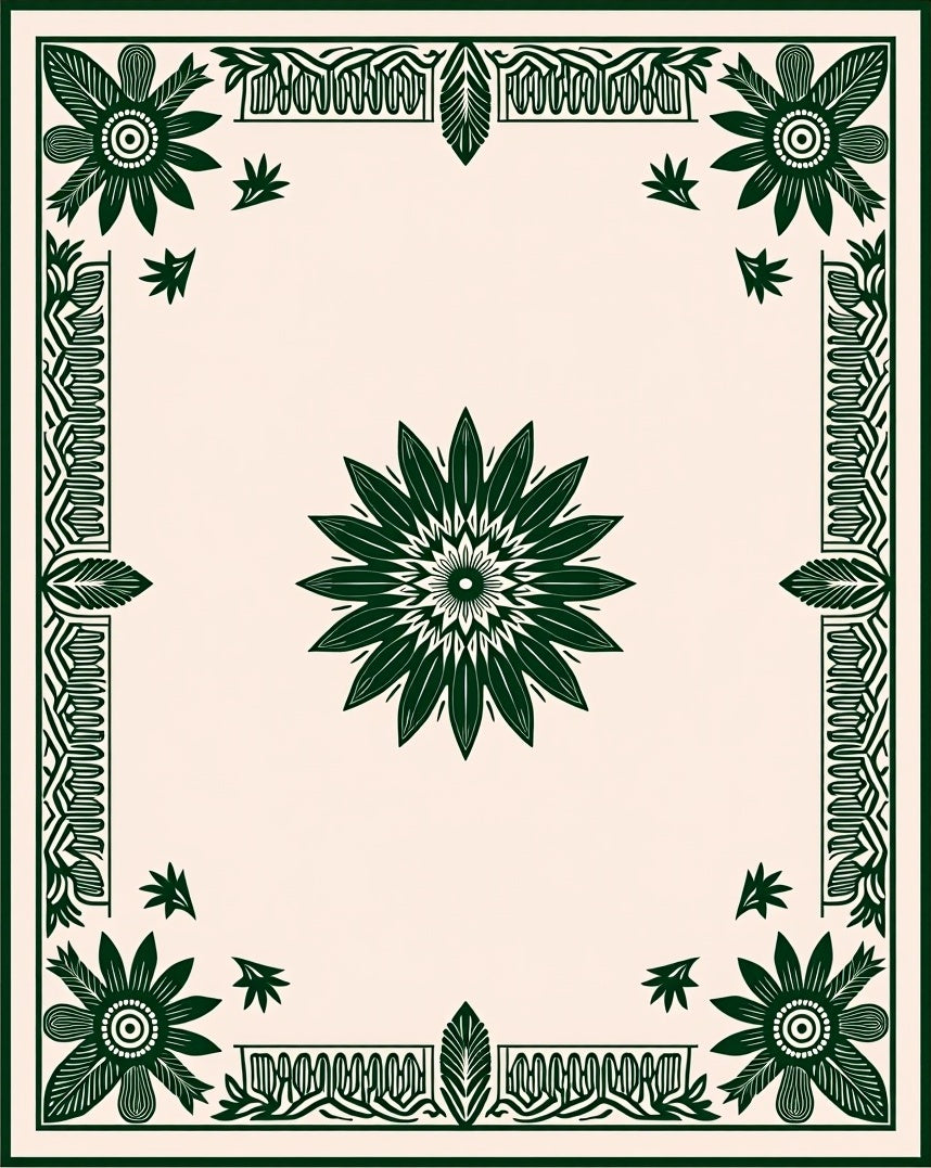Dark Green Floral Border Medallion Rug