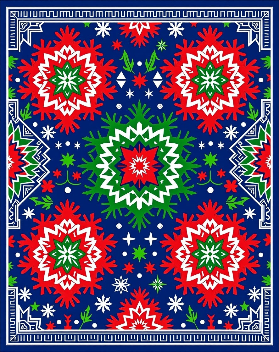 Rich Cobalt Red Green Starburst Rug