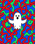 Whimsical White Ghost Red Green Swirls Rug