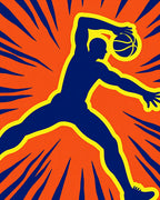 Energetic Blue Basketball Player Orange Burst Rug