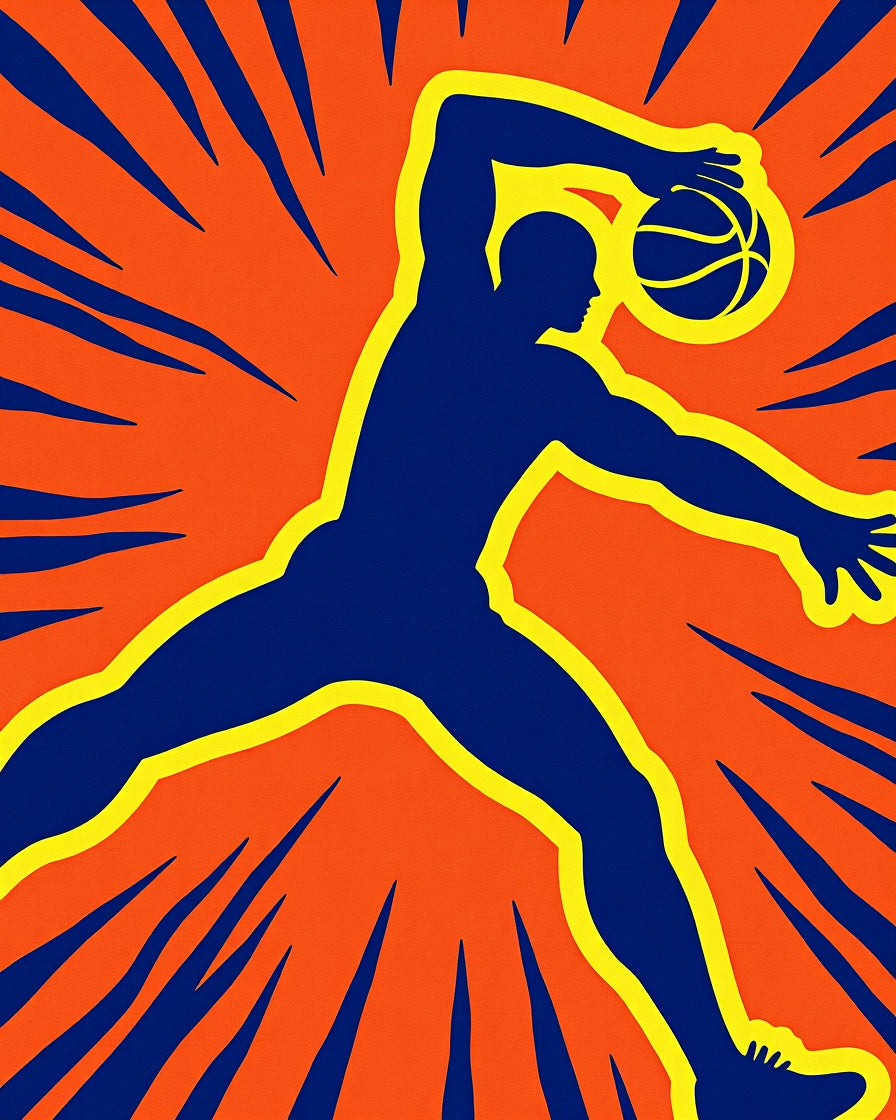 Energetic Blue Basketball Player Orange Burst Rug