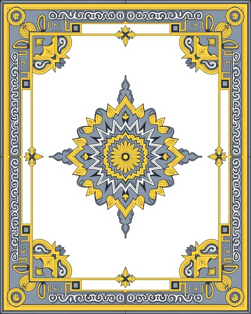 Golden Gray Mandala Border Medallion Rug