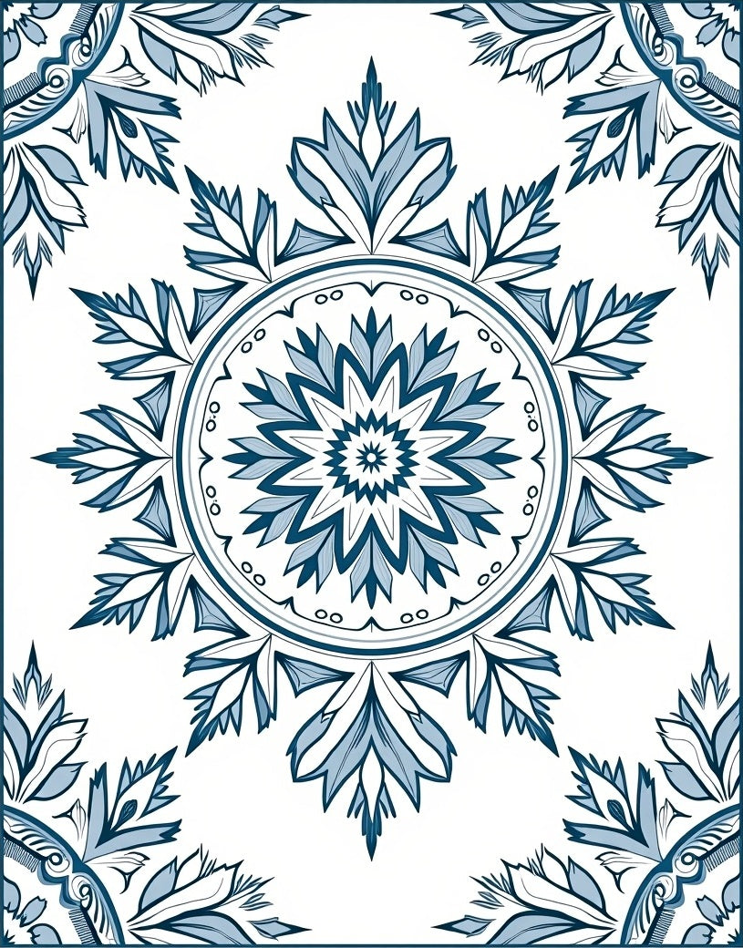 Deep Blue Tile Inspired Mandala Rug