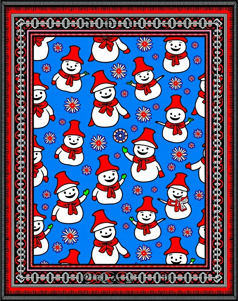 Blue Snowman Festive Holiday Scene Rug