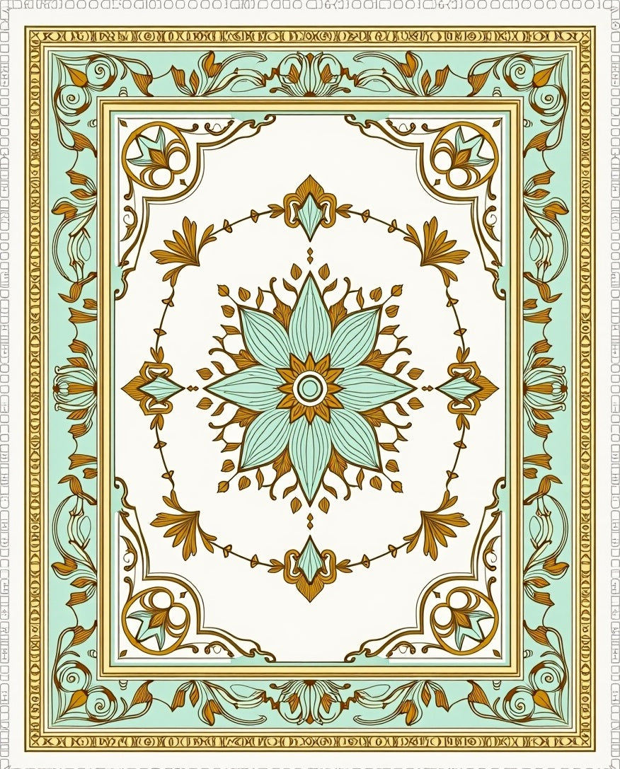 Mint Teal Floral Medallion Border Rug